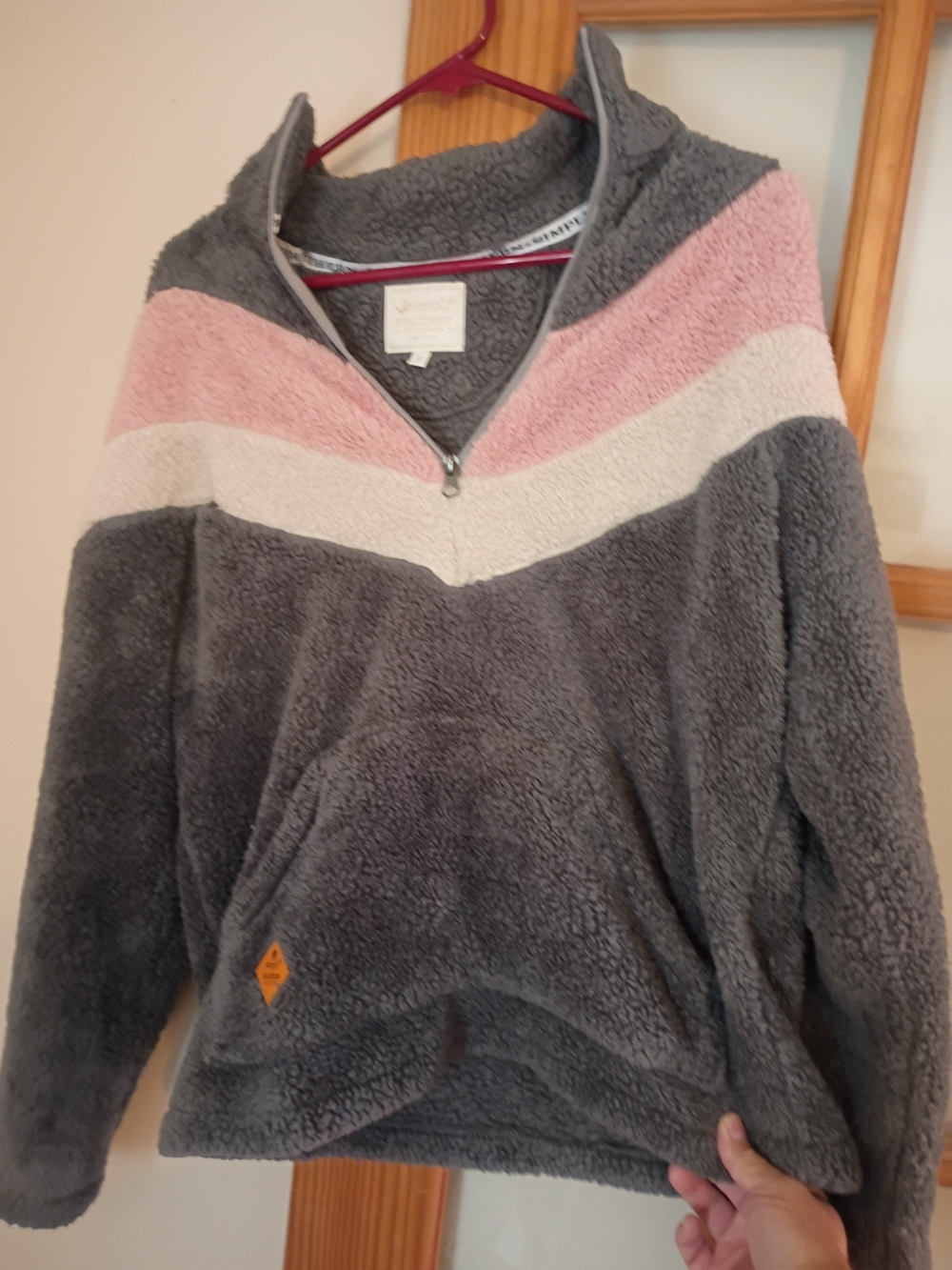 Simply Southern Gray Sherpa Pullover with Pink & Cream Chevron